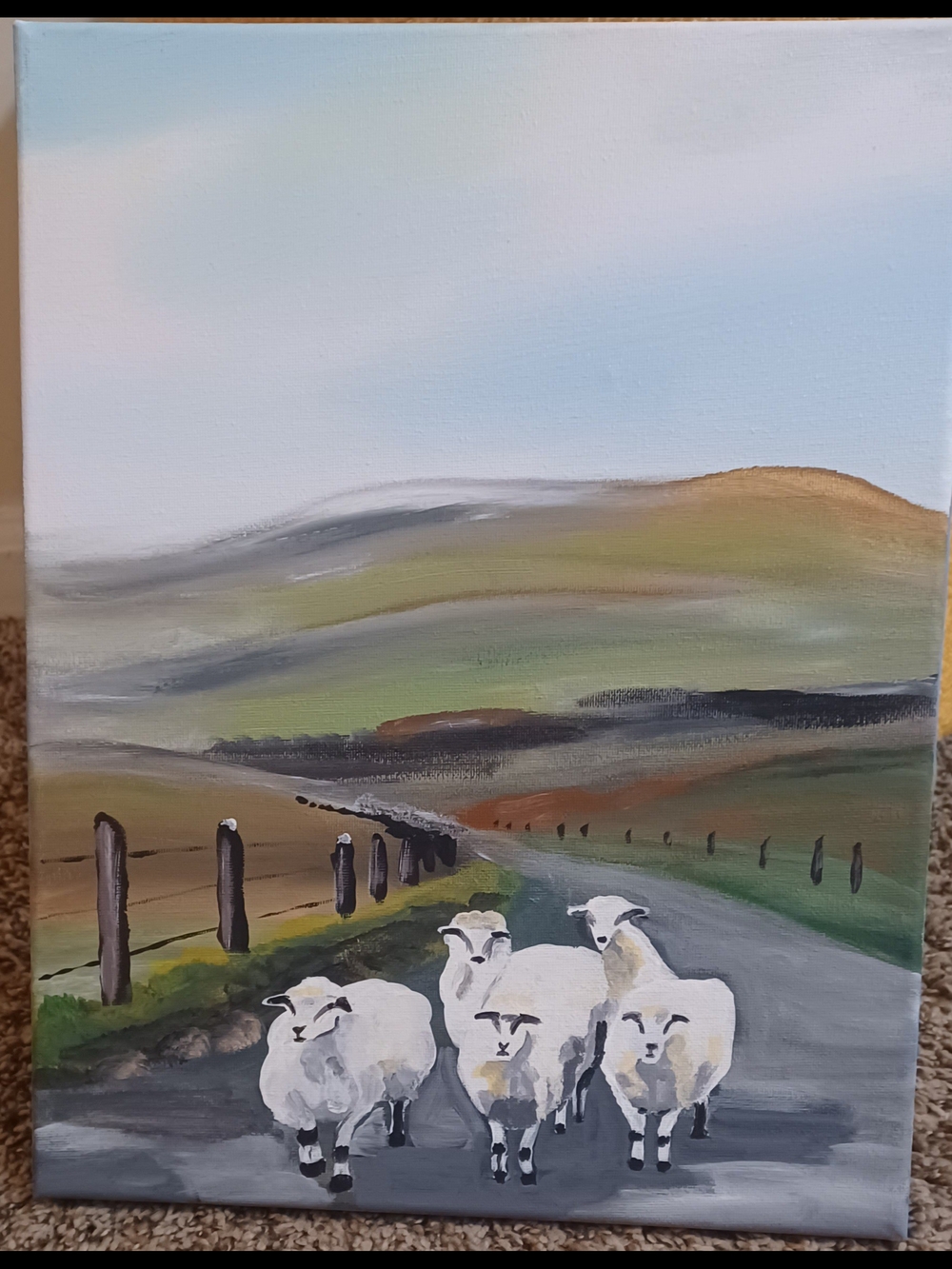 Hand-Painted Sheep Landscape Canvas Acrylic Painting in White